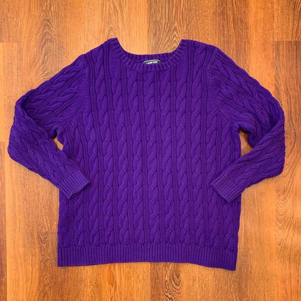 Lands End Purple Cable Knit Sweater Womens Size 1X EUC 100% Cotton Crew Neck